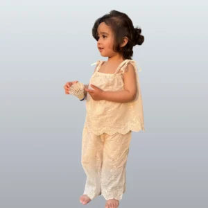 White Embroidered Suit for Girls – Elegant 2 Piece Summer Outfit