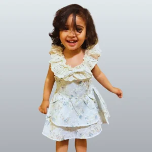 Blue Embroidered Three Layered Suit for Girls with Lace Neck Detail