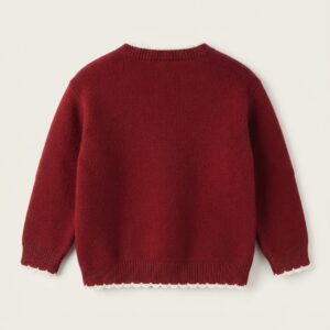 Ayshlis girls red cherry knit sweater with white pattern, back view