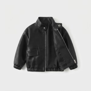 Ayshlis premium black faux leather jacket for kids, front view