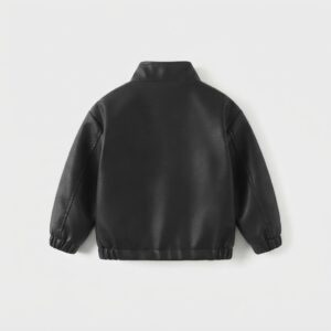 Back view of Ayshlis premium black faux leather jacket for kids