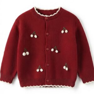Ayshlis girls red cherry knit sweater with white pattern, front view